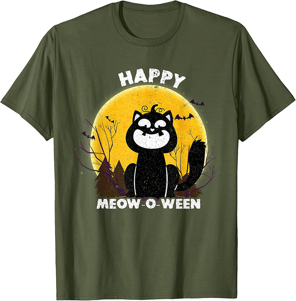 Vintage Halloween Meowoween Black Cat Pumpkin Head Costume T-Shirt for Men Women Kids