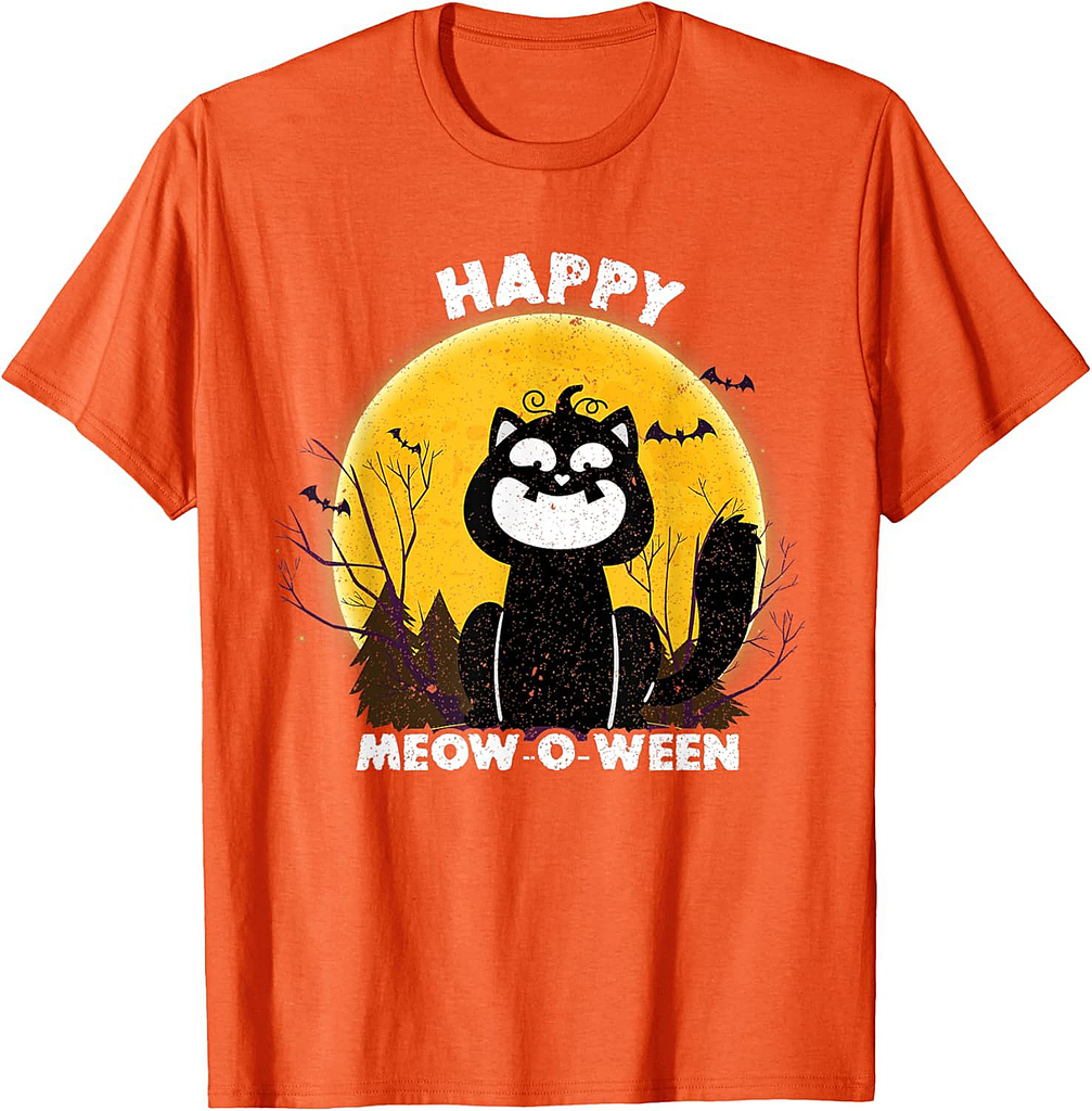 Vintage Halloween Meowoween Black Cat Pumpkin Head Costume T-Shirt for Men Women Kids