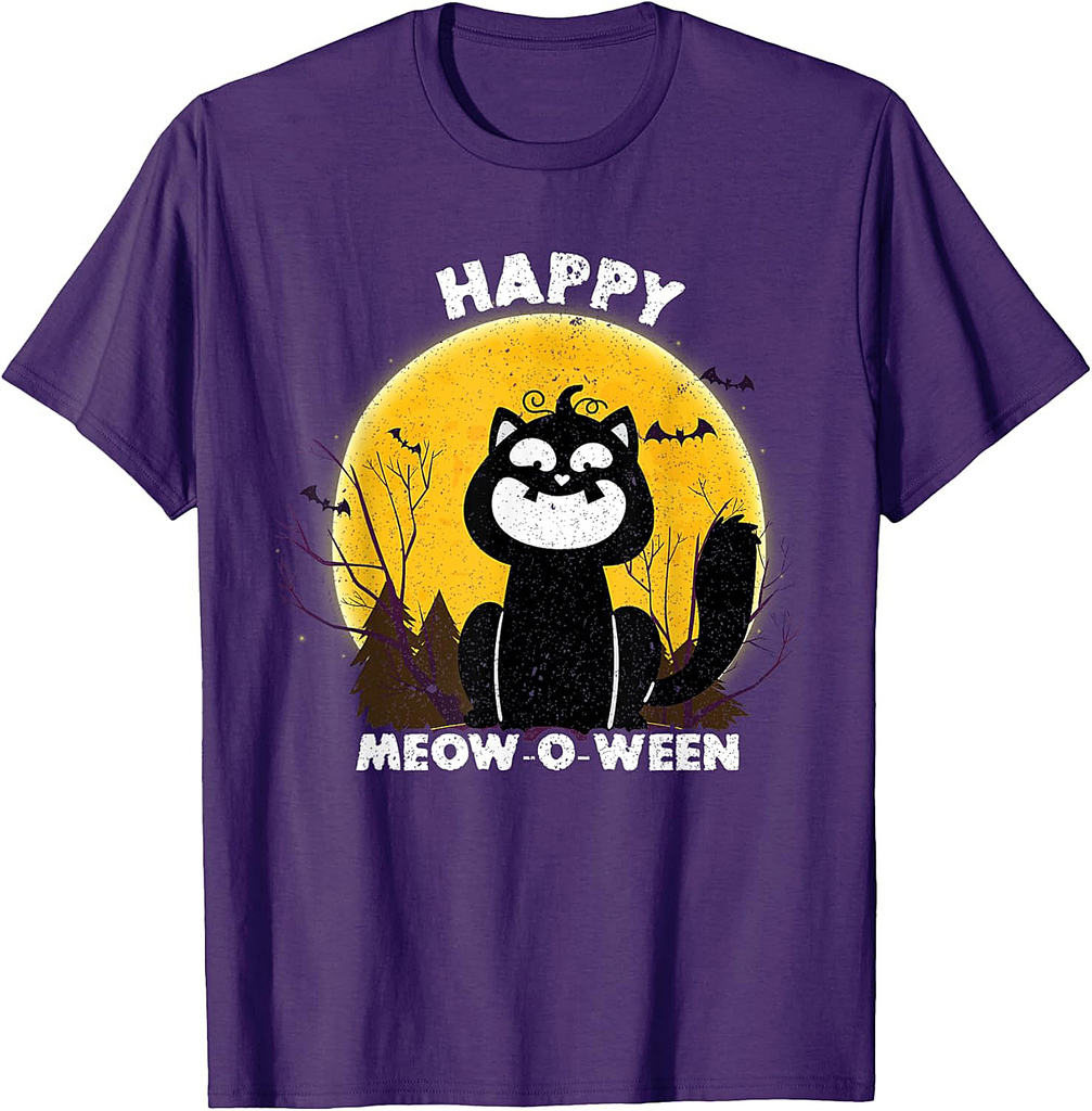 Vintage Halloween Meowoween Black Cat Pumpkin Head Costume T-Shirt for Men Women Kids