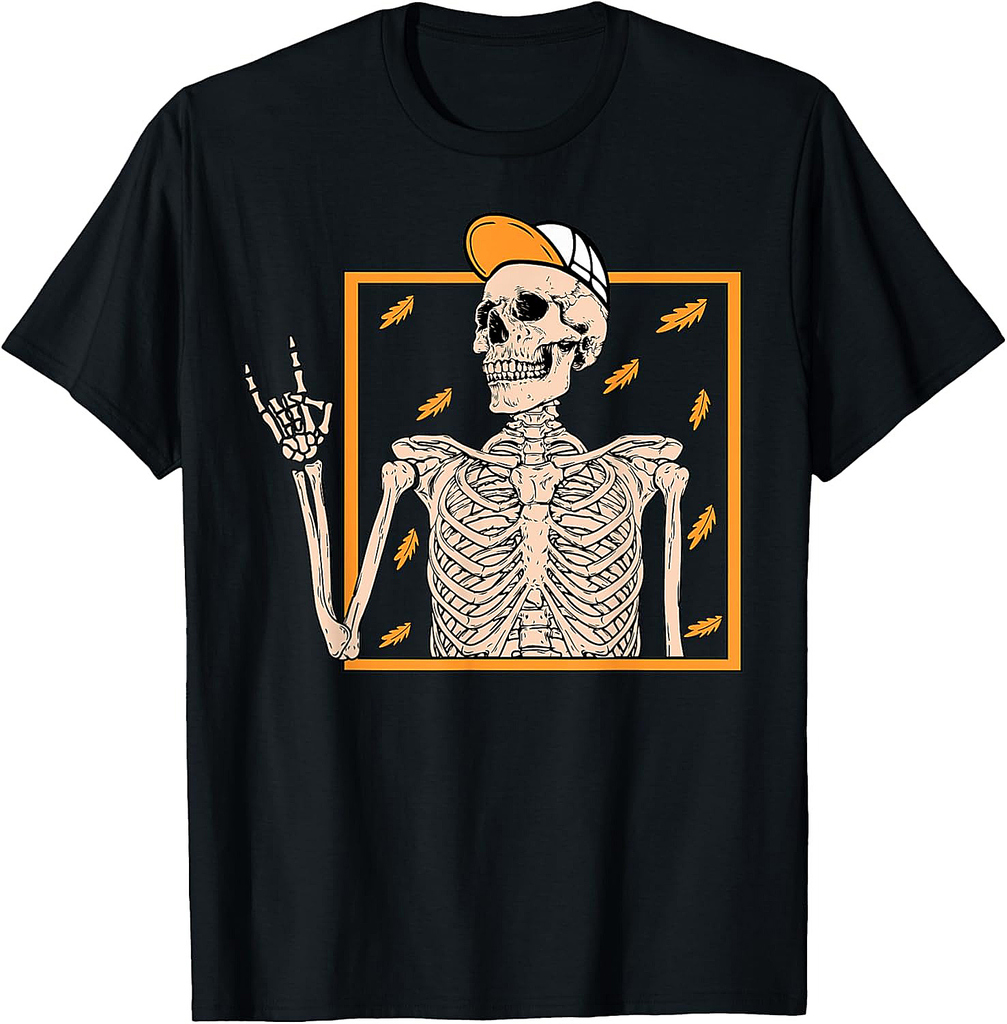 Vintage Halloween Skeleton Rock On Hand Skeleton Men Boys T-Shirt