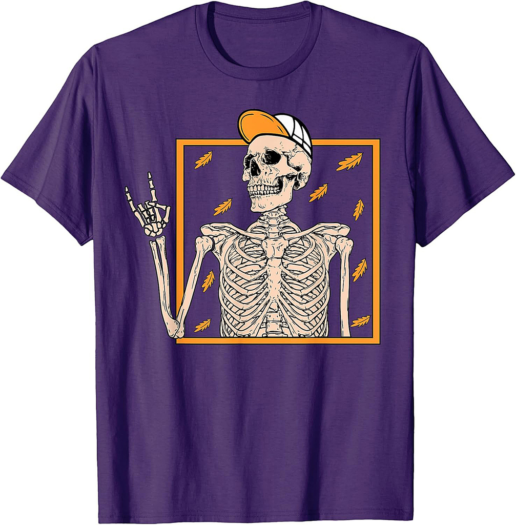 Vintage Halloween Skeleton Rock On Hand Skeleton Men Boys T-Shirt