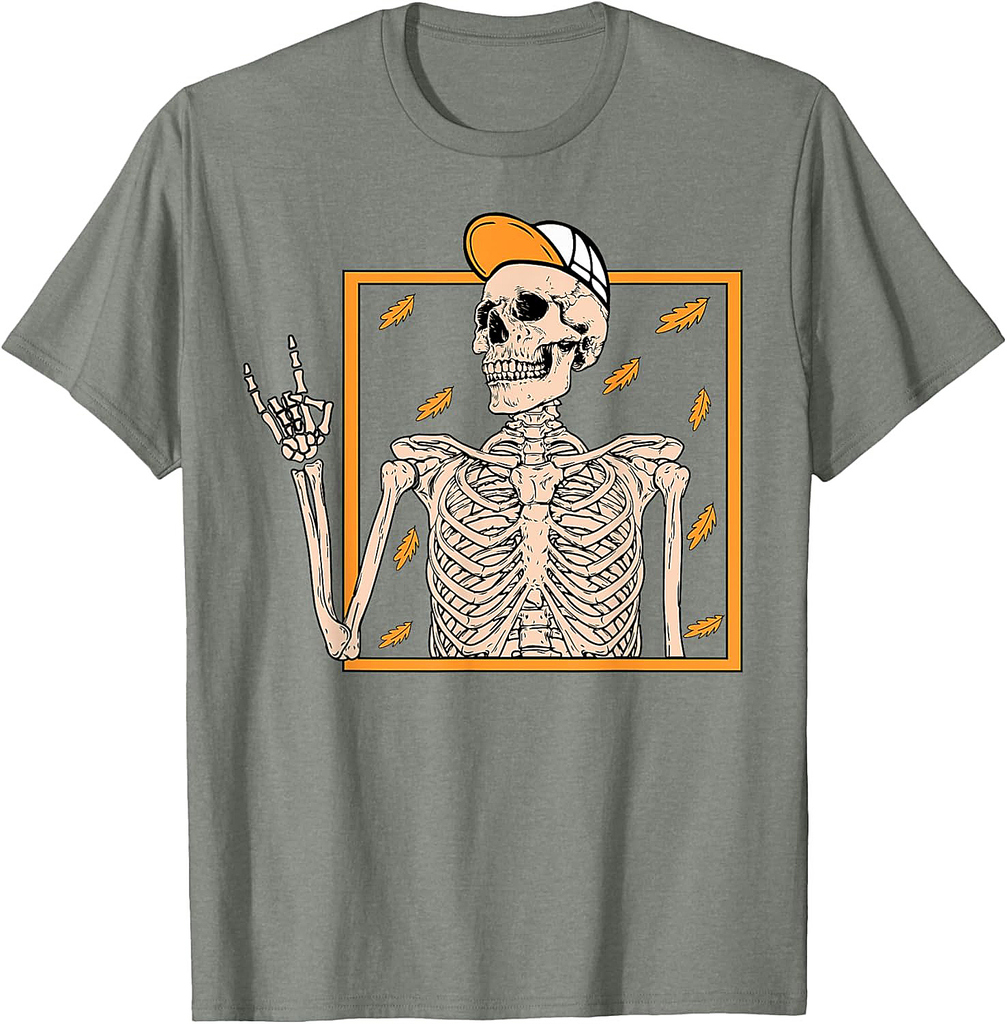 Vintage Halloween Skeleton Rock On Hand Skeleton Men Boys T-Shirt