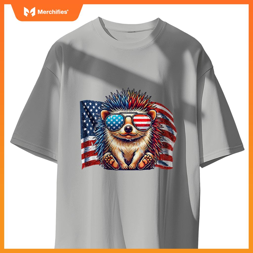 Vintage Hedgehog Pets Owners Patriotic USA Flag Sunglasses T-Shirt