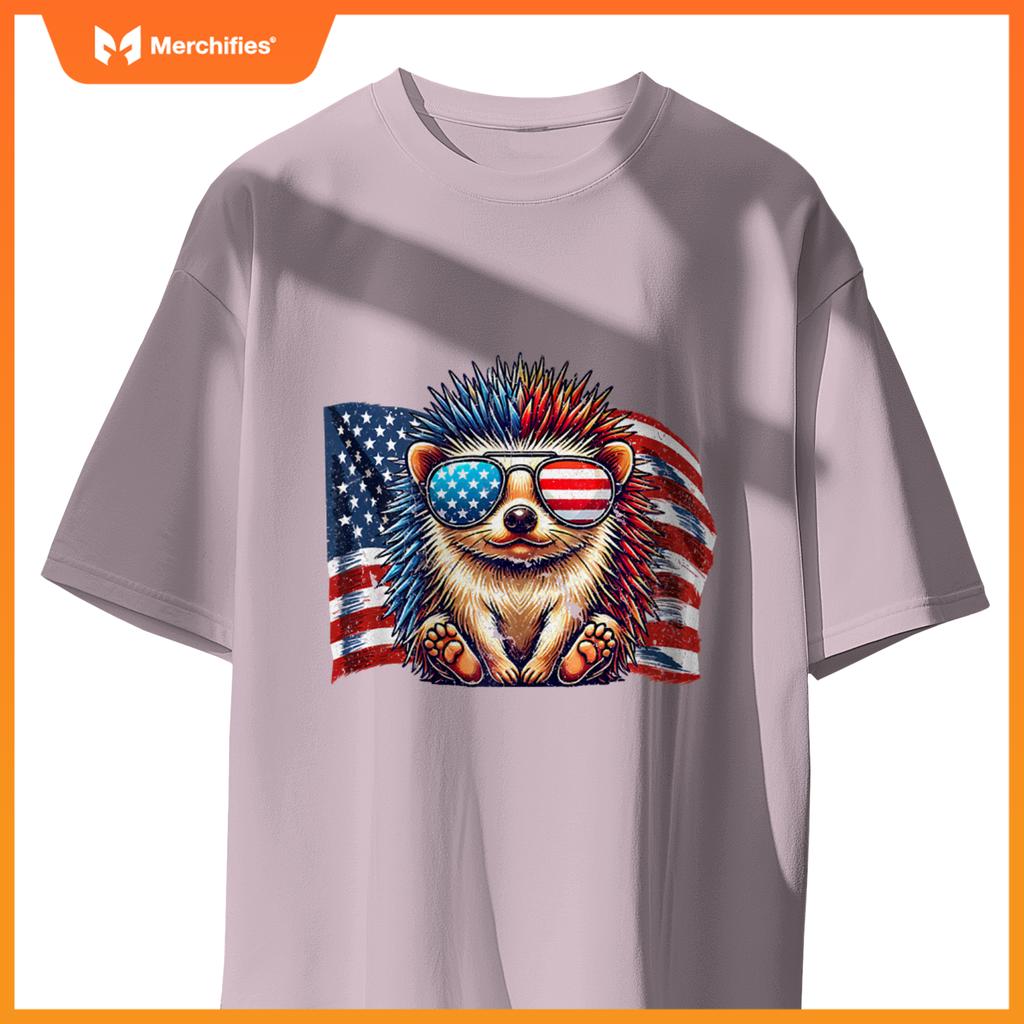 Vintage Hedgehog Pets Owners Patriotic USA Flag Sunglasses T-Shirt