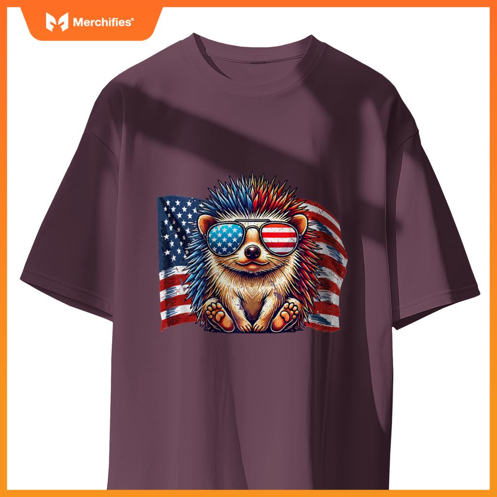 Vintage Hedgehog Pets Owners Patriotic USA Flag Sunglasses T-Shirt