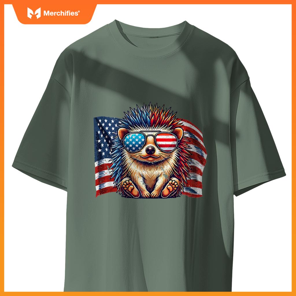 Vintage Hedgehog Pets Owners Patriotic USA Flag Sunglasses T-Shirt