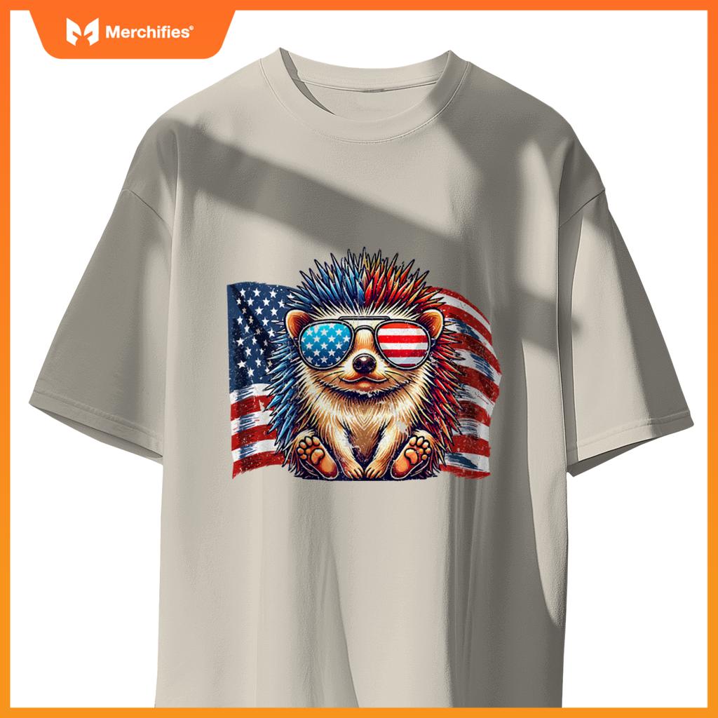 Vintage Hedgehog Pets Owners Patriotic USA Flag Sunglasses T-Shirt