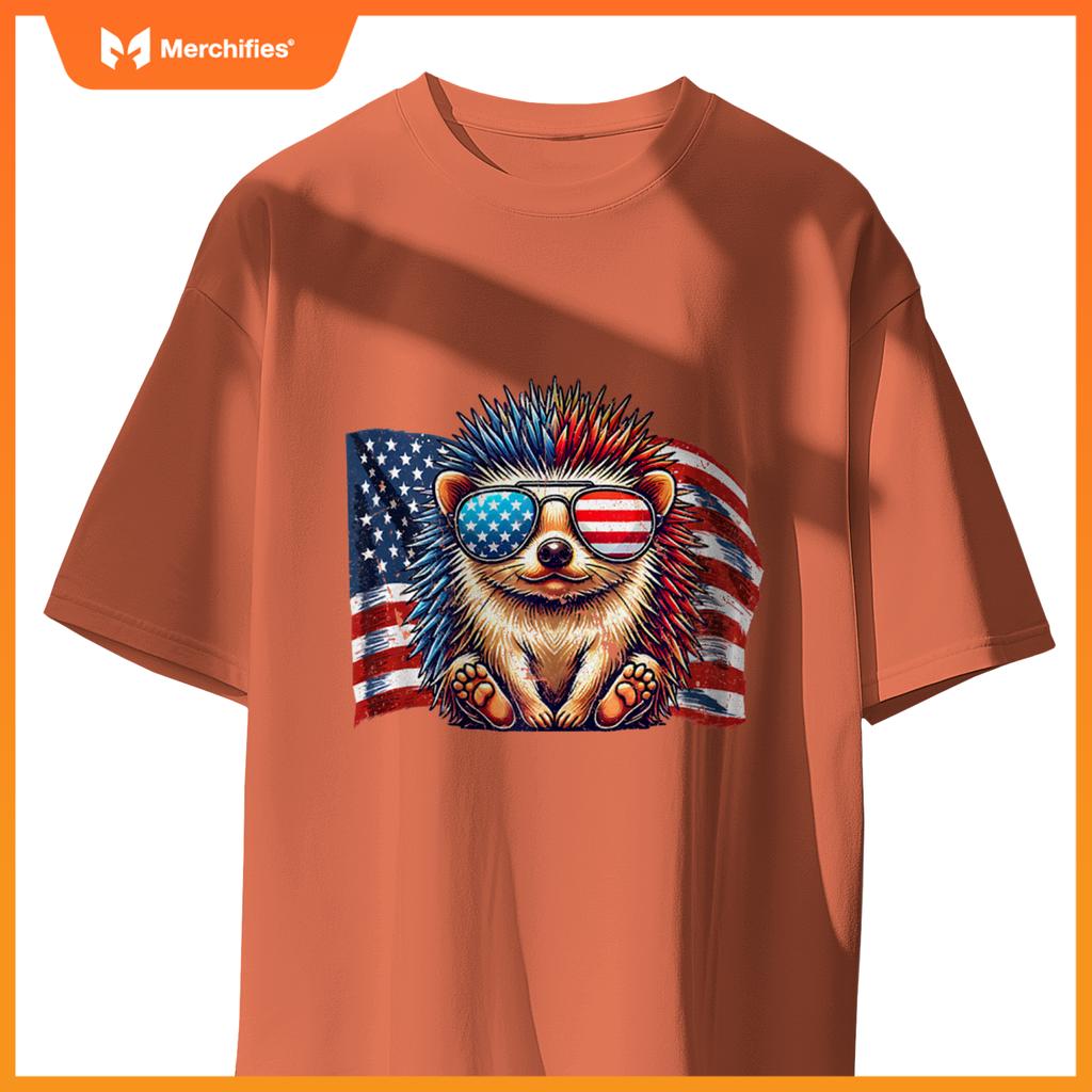 Vintage Hedgehog Pets Owners Patriotic USA Flag Sunglasses T-Shirt