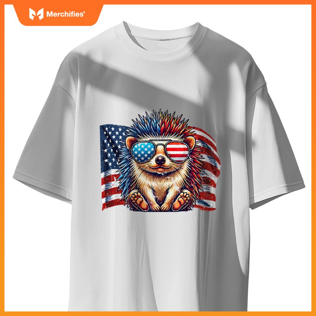 Vintage Hedgehog Pets Owners Patriotic USA Flag Sunglasses T-Shirt