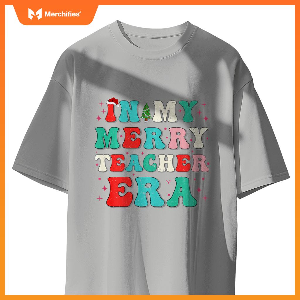 Vintage In My Merry Teacher Era Groovy Teacher Christmas Tee