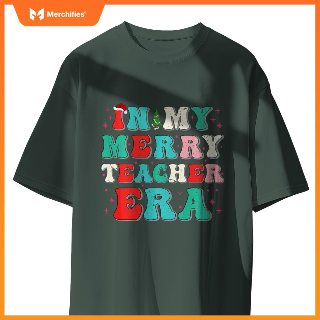 Vintage In My Merry Teacher Era Groovy Teacher Christmas Tee
