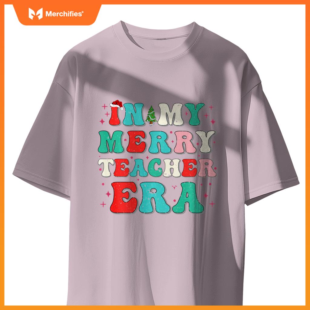 Vintage In My Merry Teacher Era Groovy Teacher Christmas Tee