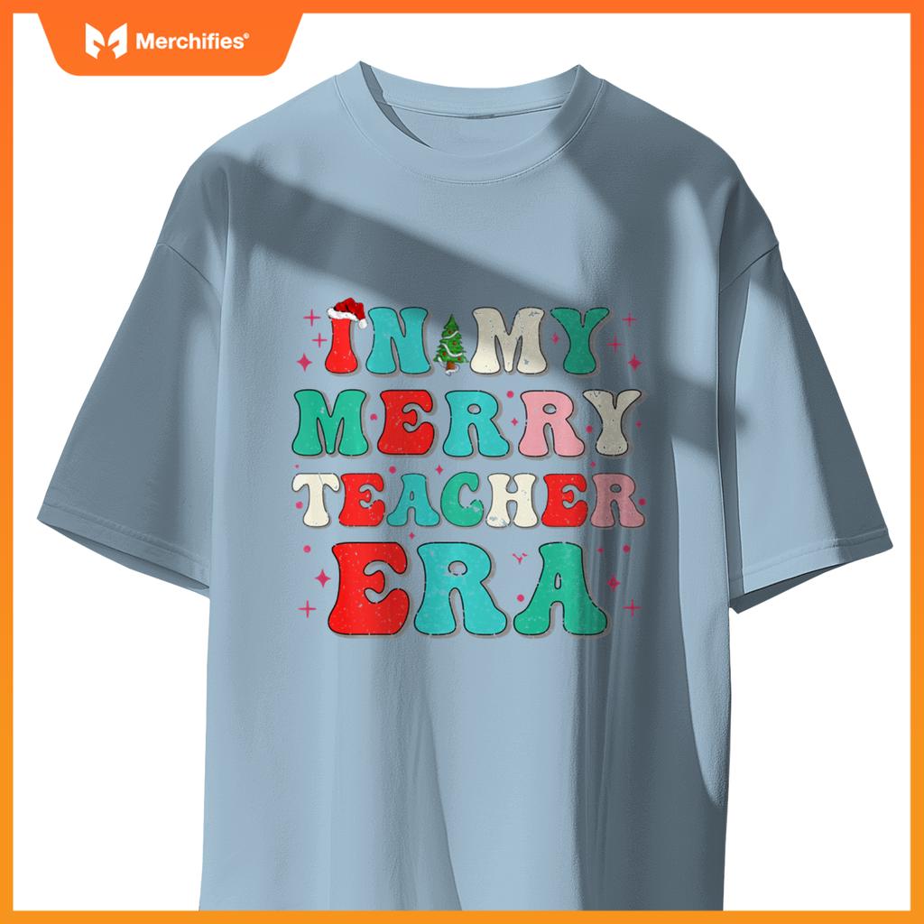 Vintage In My Merry Teacher Era Groovy Teacher Christmas Tee