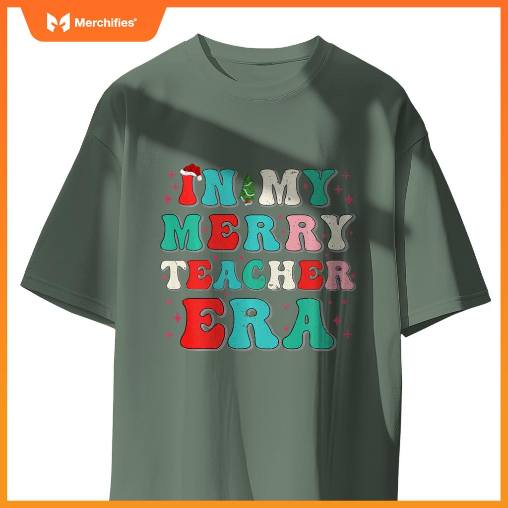 Vintage In My Merry Teacher Era Groovy Teacher Christmas Tee