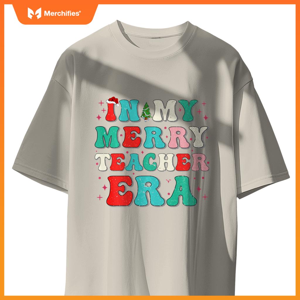 Vintage In My Merry Teacher Era Groovy Teacher Christmas Tee