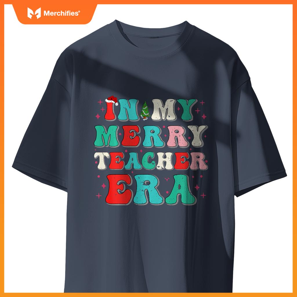 Vintage In My Merry Teacher Era Groovy Teacher Christmas Tee