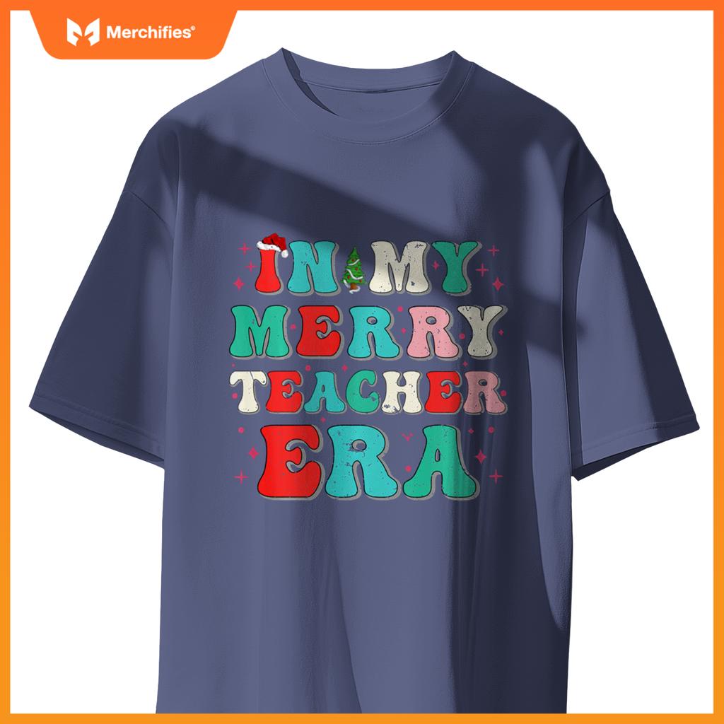 Vintage In My Merry Teacher Era Groovy Teacher Christmas Tee