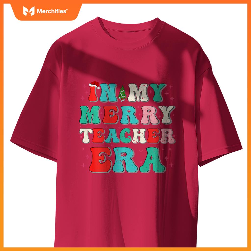 Vintage In My Merry Teacher Era Groovy Teacher Christmas Tee