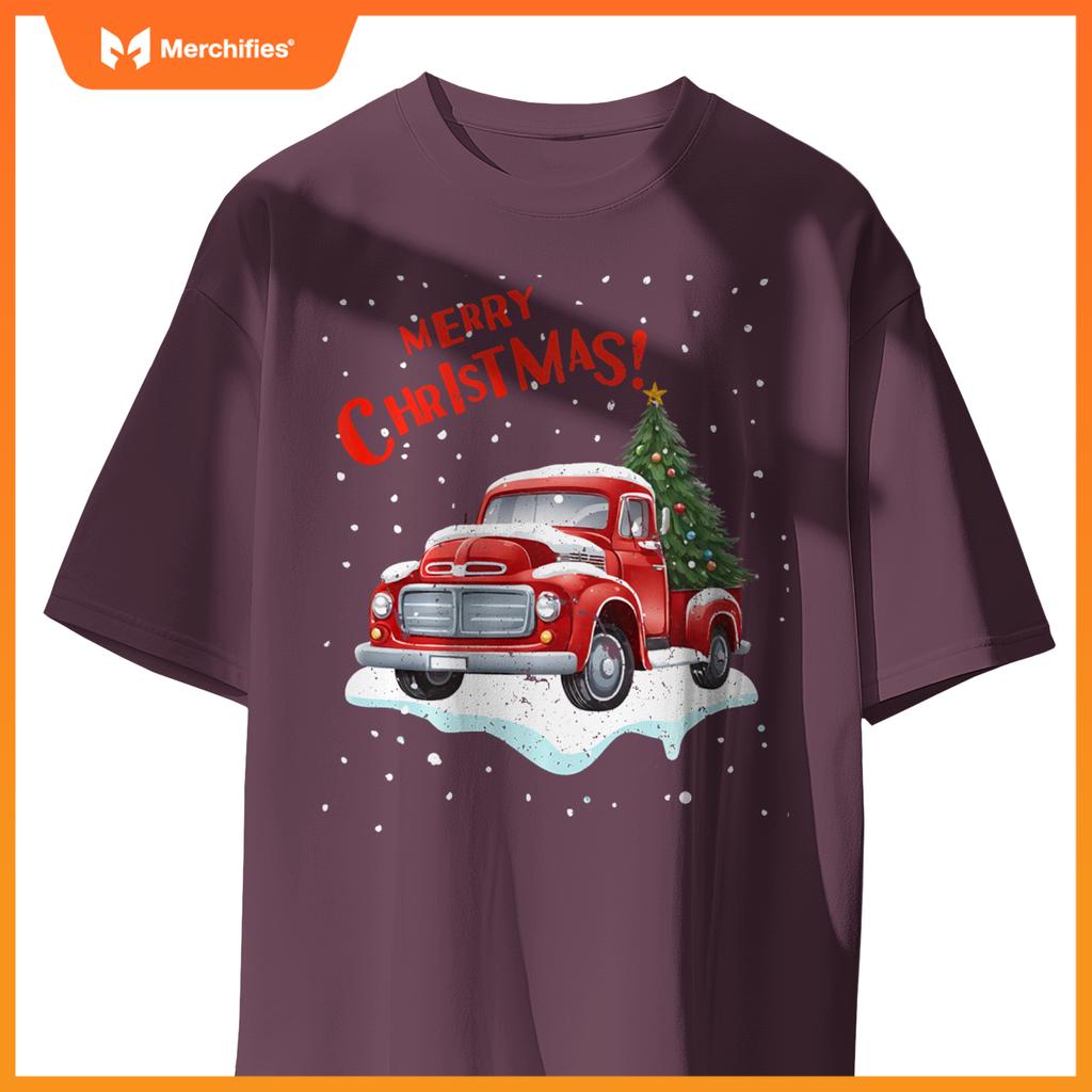Vintage Merry Christmas Red Pickup Truck Old Fashioned Xmas T-Shirt