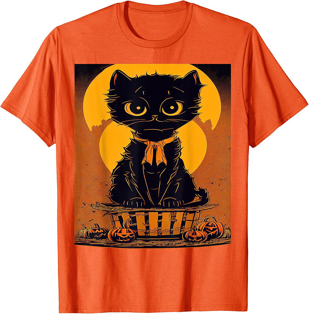 Vintage Scary Cute Halloween Black Cat & Moon Costume Men Women Kids T-Shirt