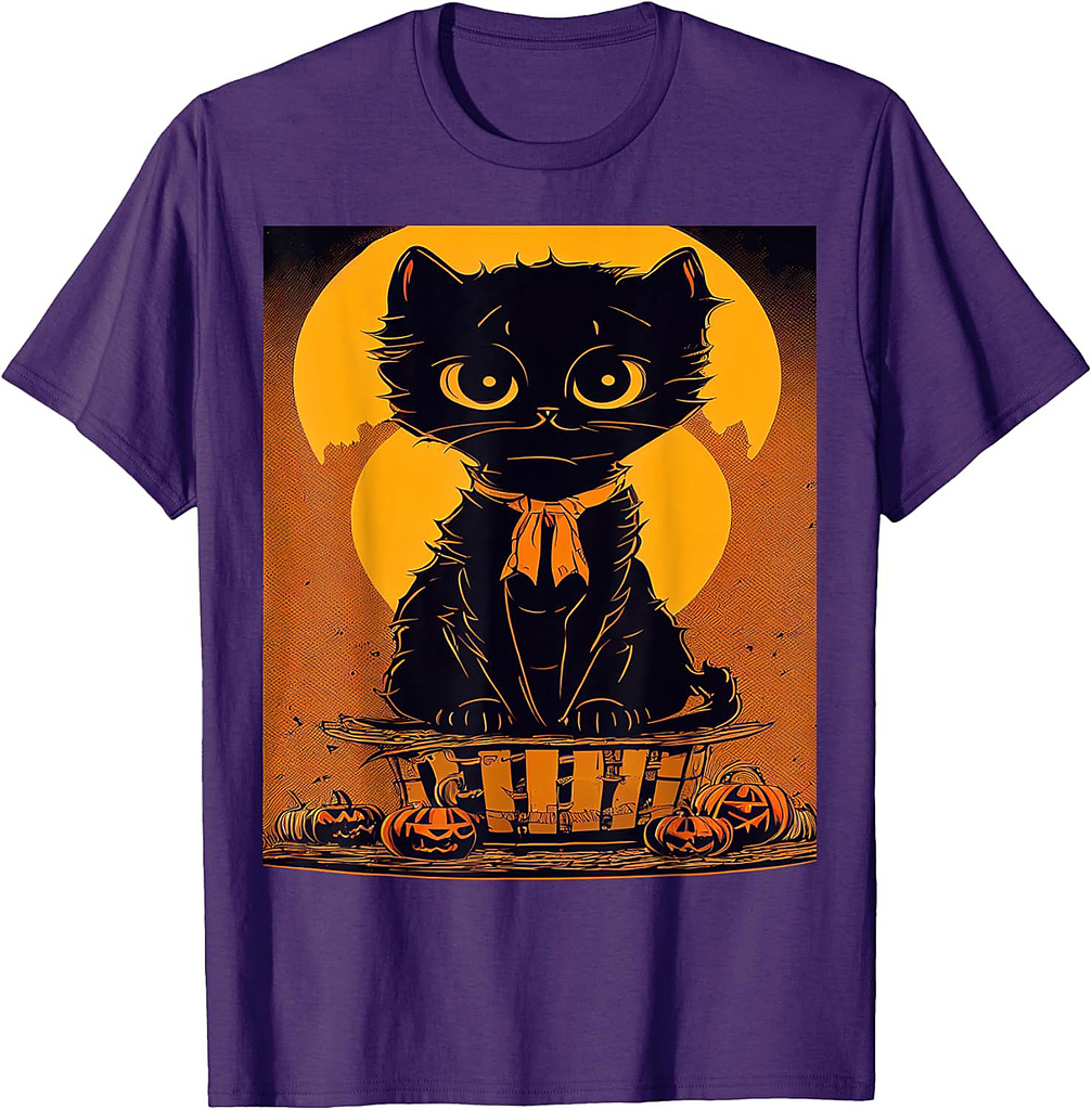 Vintage Scary Cute Halloween Black Cat & Moon Costume Men Women Kids T-Shirt