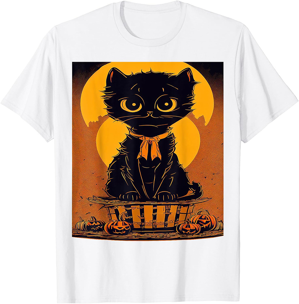Vintage Scary Cute Halloween Black Cat & Moon Costume Men Women Kids T-Shirt