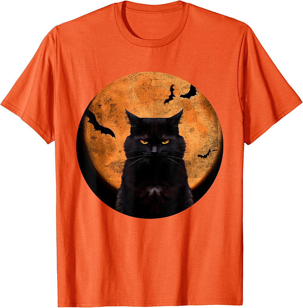 Vintage Scary Halloween Black-Cat Costume Retro Moon Cat Mom T-Shirt for Men Women Kids