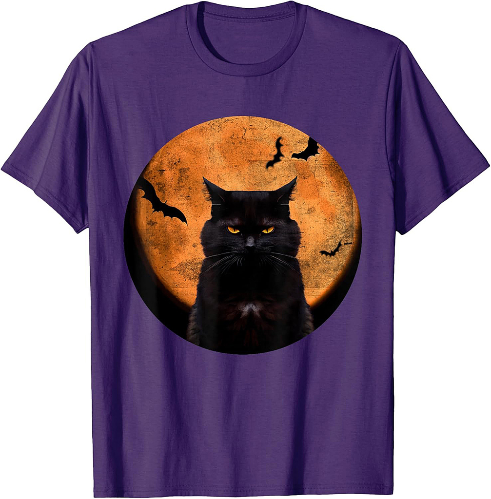 Vintage Scary Halloween Black-Cat Costume Retro Moon Cat Mom T-Shirt for Men Women Kids