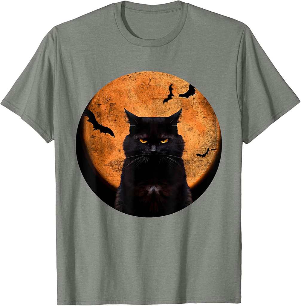 Vintage Scary Halloween Black-Cat Costume Retro Moon Cat Mom T-Shirt for Men Women Kids