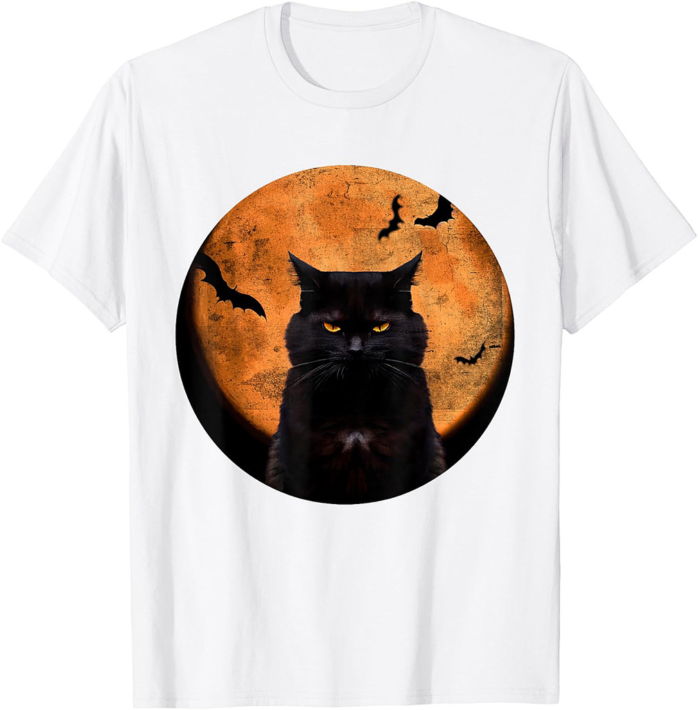 Vintage Scary Halloween Black-Cat Costume Retro Moon Cat Mom T-Shirt for Men Women Kids
