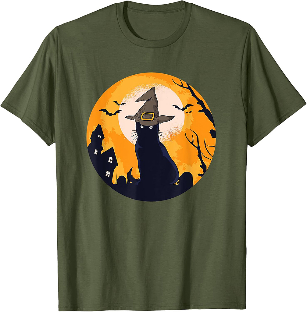 Vintage Scary Halloween Black Cat Witches Hat T-Shirt