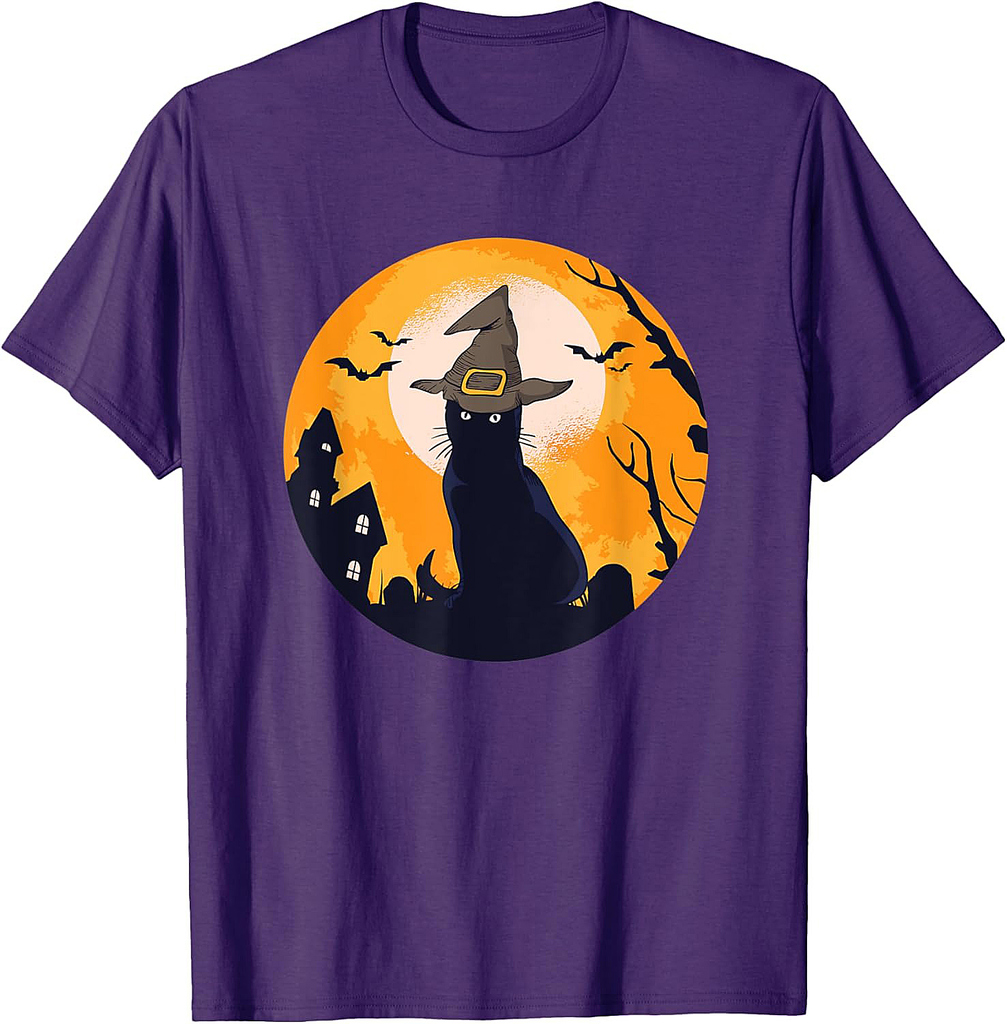Vintage Scary Halloween Black Cat Witches Hat T-Shirt