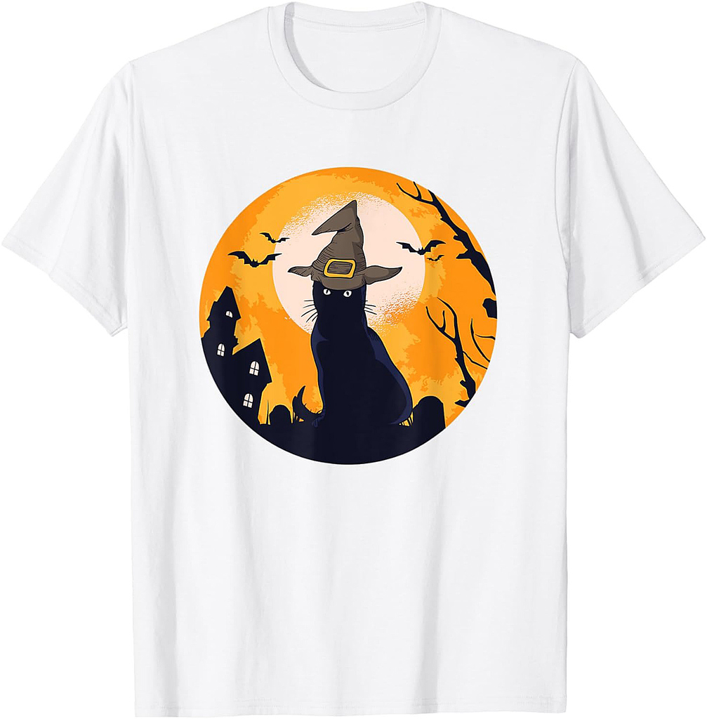 Vintage Scary Halloween Black Cat Witches Hat T-Shirt