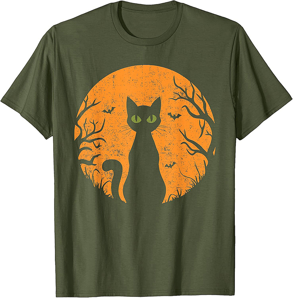 Vintage Scary Halloween Cat Costume Retro Cat Moon Men Women Kids T-Shirt