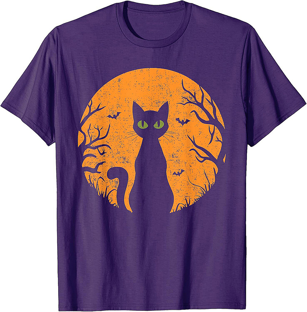 Vintage Scary Halloween Cat Costume Retro Cat Moon Men Women Kids T-Shirt