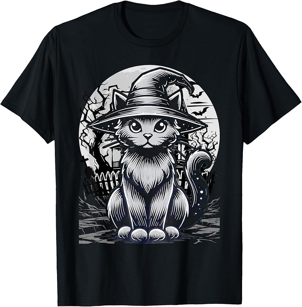 Vintage Scary Halloween Cat Costume Retro Cat Moon T-Shirt