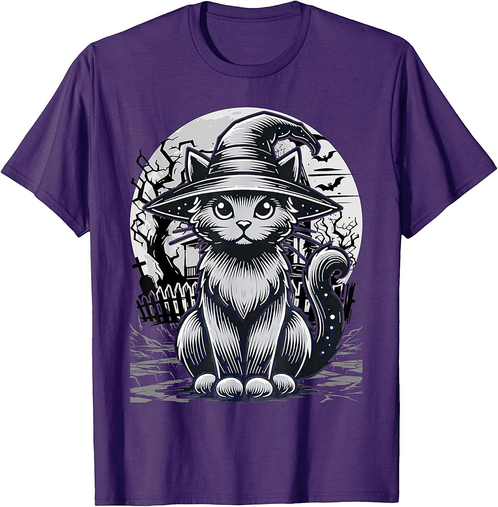 Vintage Scary Halloween Cat Costume Retro Cat Moon T-Shirt