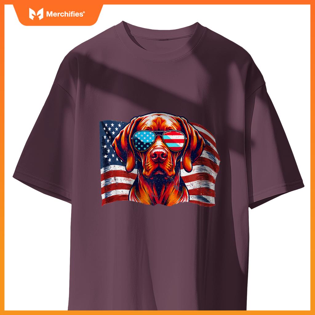 Vizsla Dog USA Flag Patriotic Sunglasses Freedom Vintage T-Shirt