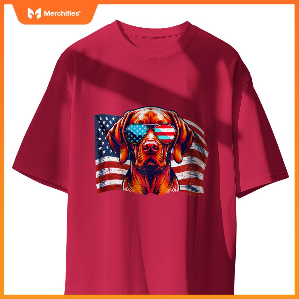 Vizsla Dog USA Flag Patriotic Sunglasses Freedom Vintage T-Shirt