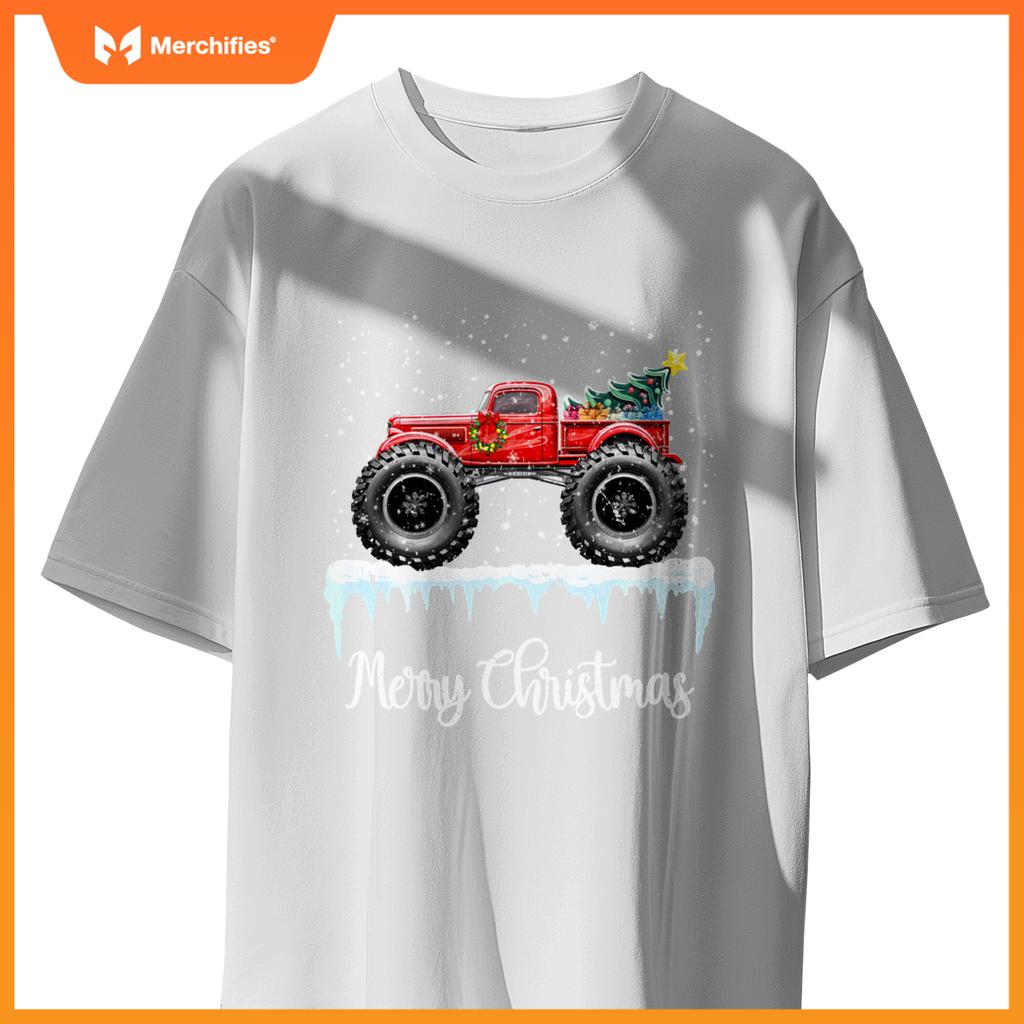 Merry Christmas Red Monster Truck Old Fashioned Xmas T-Shirt