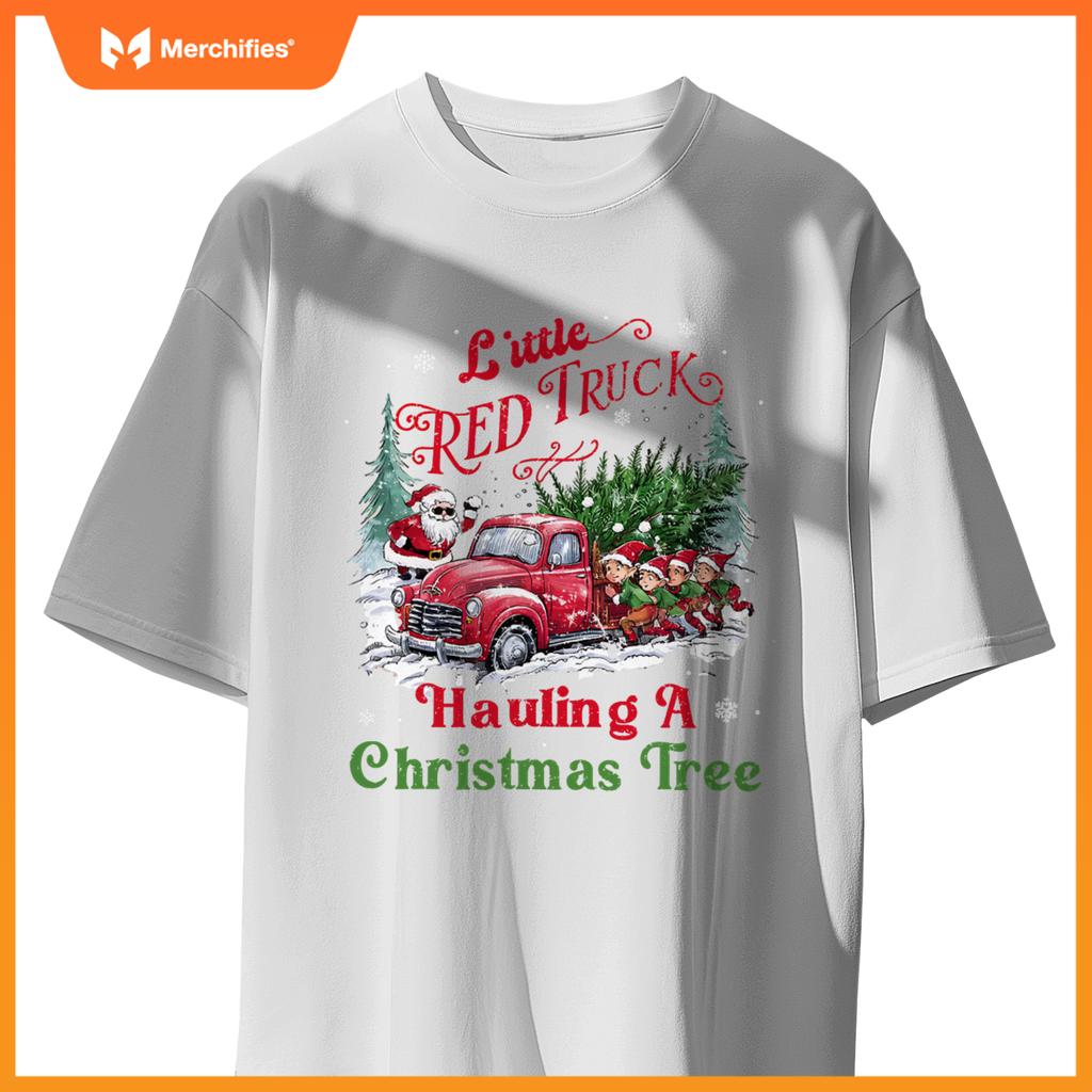 Little Red Truck Hauling A Christmas Tree Xmas Trendy T-Shirt