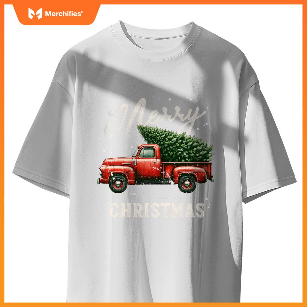 Merry Christmas Tree On Red Truck Wagon Xmas T-Shirt