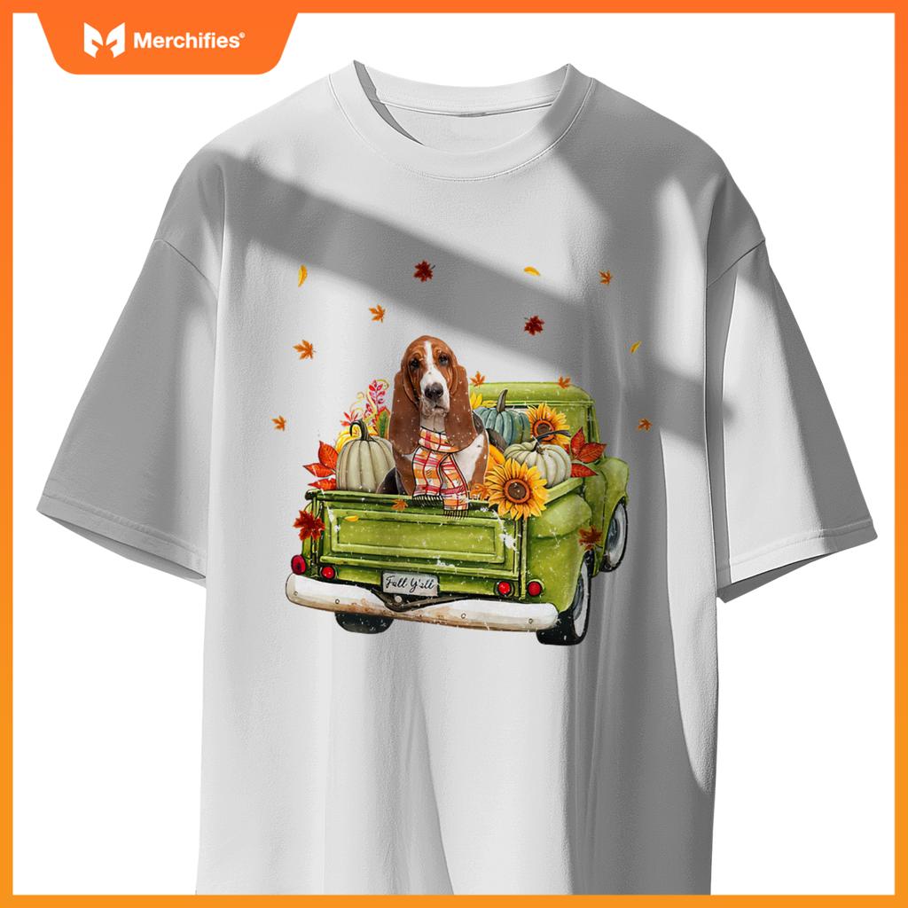 Happy Fall Yall Basset Hound Dog On Truck Pumpkin Fall T-Shirt