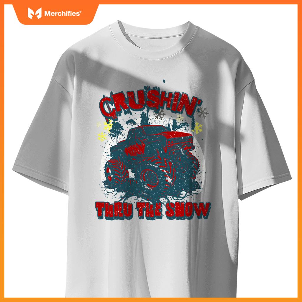 Monster Truck Crushin Thru Snow Winter Boys Man T-Shirt