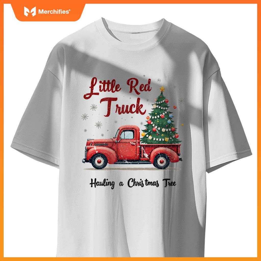 Little Red Truck Hauling A Christmas Tree Family Matching T-Shirt