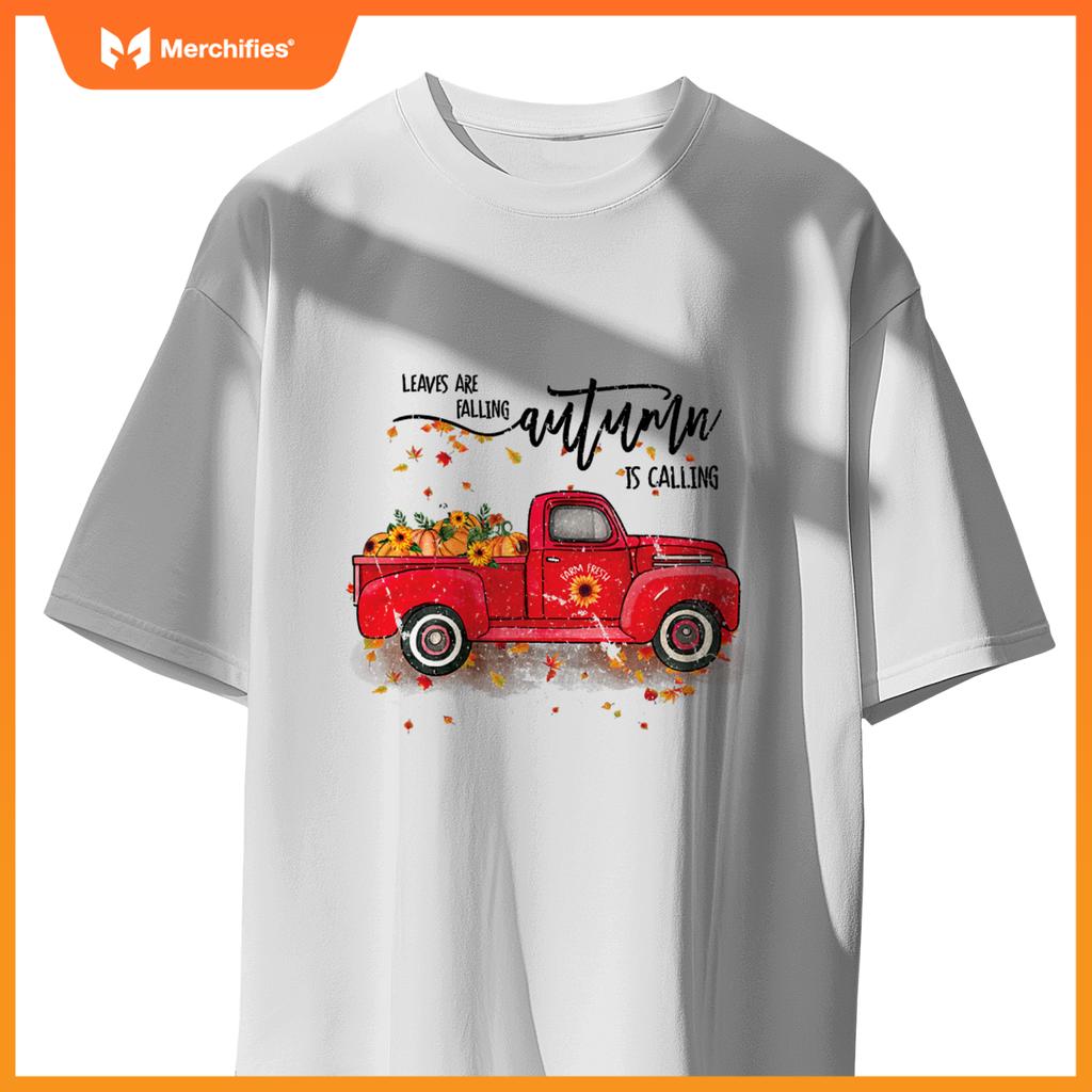 Leaves Are Falling Autumn Is Calling Red Truck Pumpkins T-Shirt