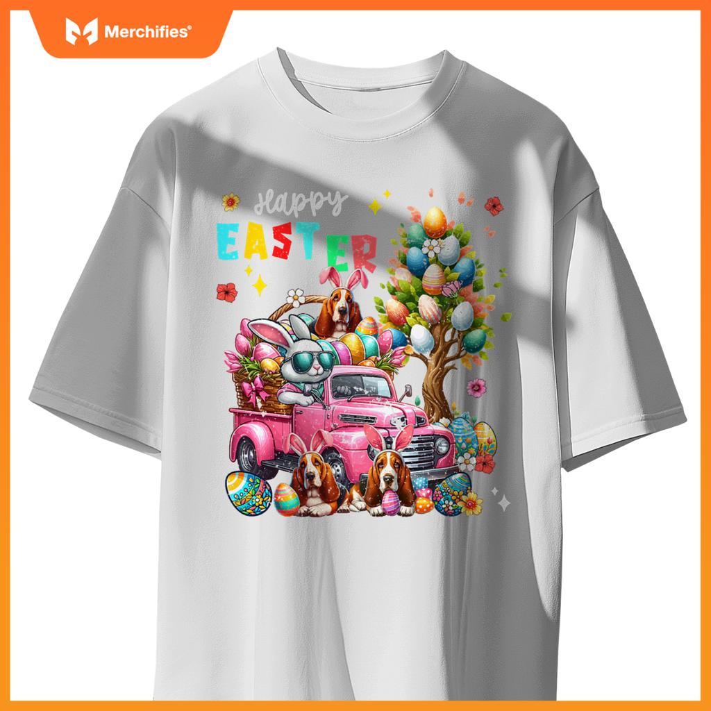 Happy Easter Three Cute Bunny Basset Hounds On Pickup Truck T-Shirt