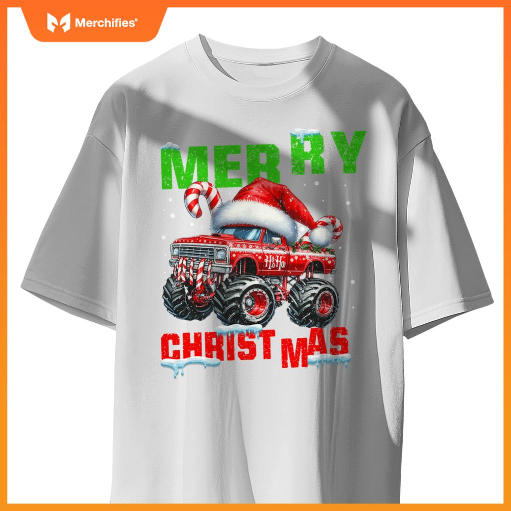 Merry Christmas Monster Truck Xmas Santa Hat Boys Kids T-Shirt