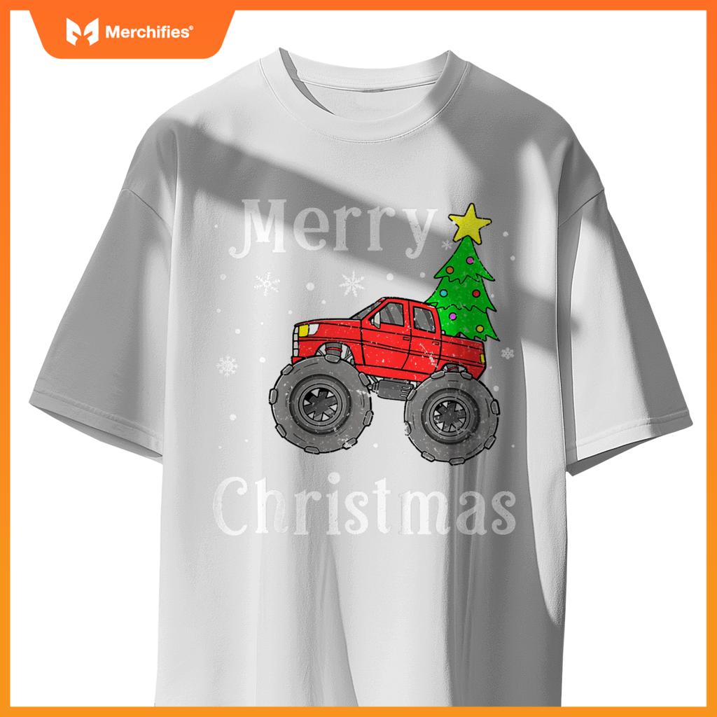 Kids Boys Monster Truck Merry Christmas Tree Snowflakes T-Shirt