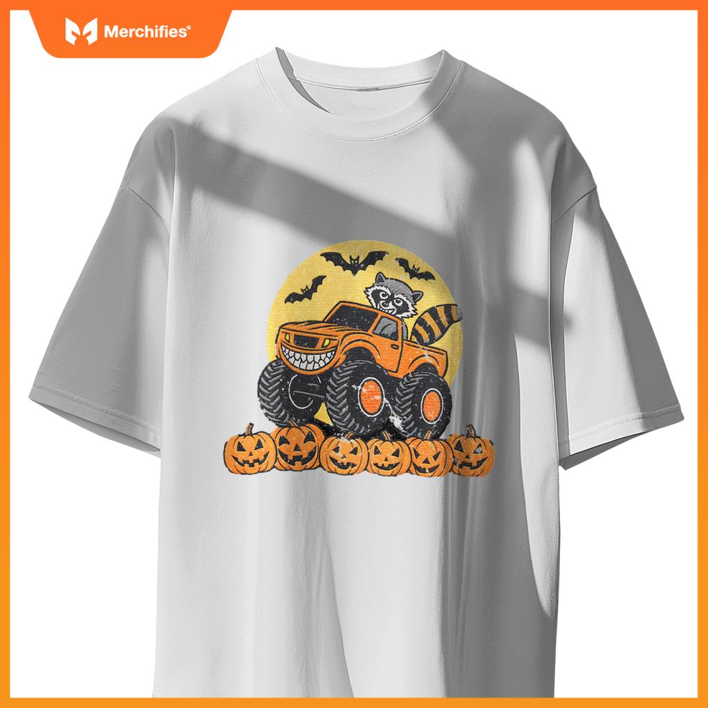 Kids Halloween Monster Truck Driven By A Raccoon School Kids T-Shirt